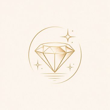 Elegant golden diamond icon with sparkling stars on a soft beige background.