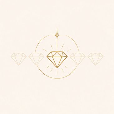 Five outlined diamonds with one central glowing diamond in gold.