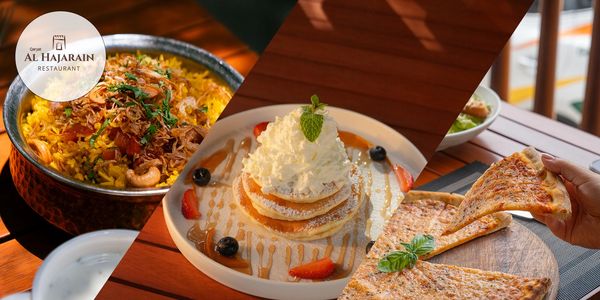 Three dishes from Al Hajarain Restaurant: biryani, pancakes with whipped cream, and pizza.