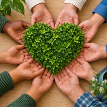 Diverse hands support one green leaf heart, symbolizing teamwork and coordinated care.