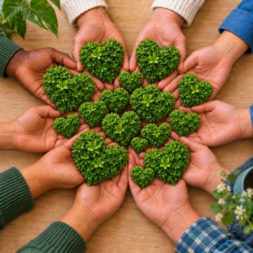 Diverse hands hold green leaf hearts of different sizes, representing respect for each individual.