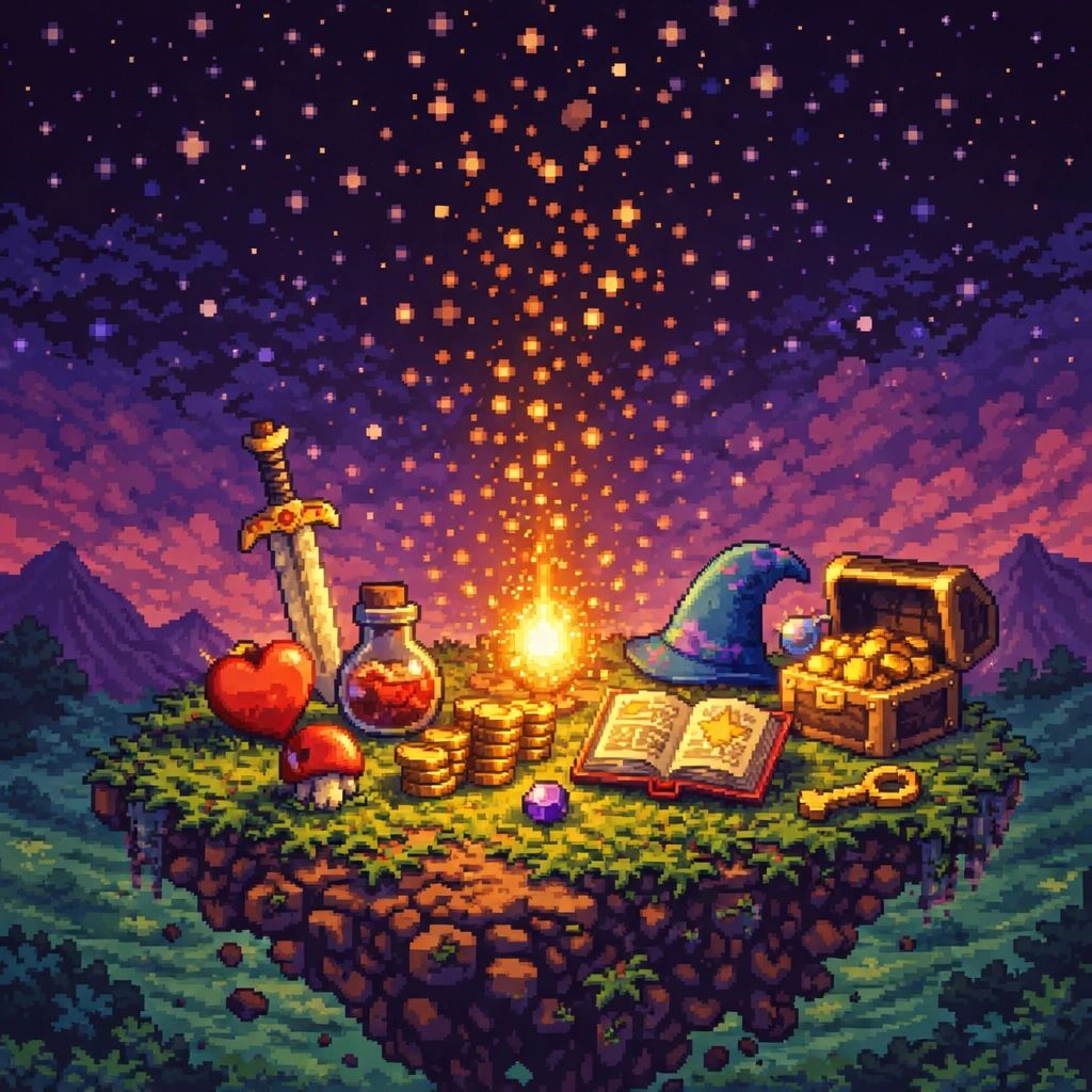 Pixel art of magical items around a campfire on a floating island at sunset.