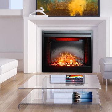 Modern electric fireplace with colorful flame effects in a contemporary living room