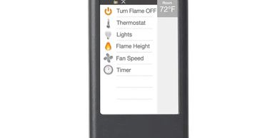 A black device with an orange button on the screen.