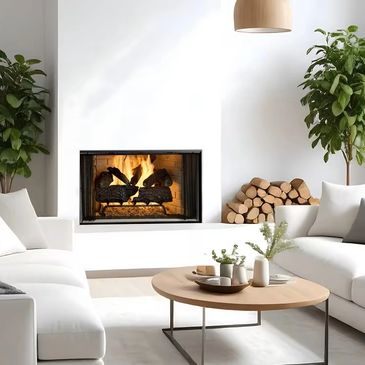 Wood-burning fireplace with realistic flames in a bright contemporary living room