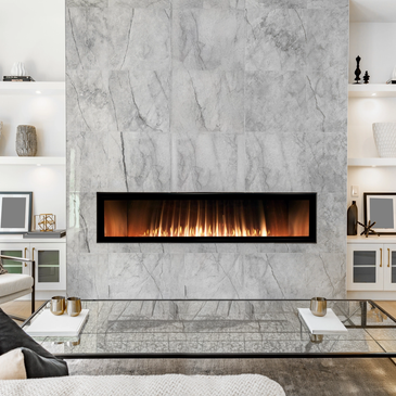 Modern linear gas fireplace with flames in a contemporary living room