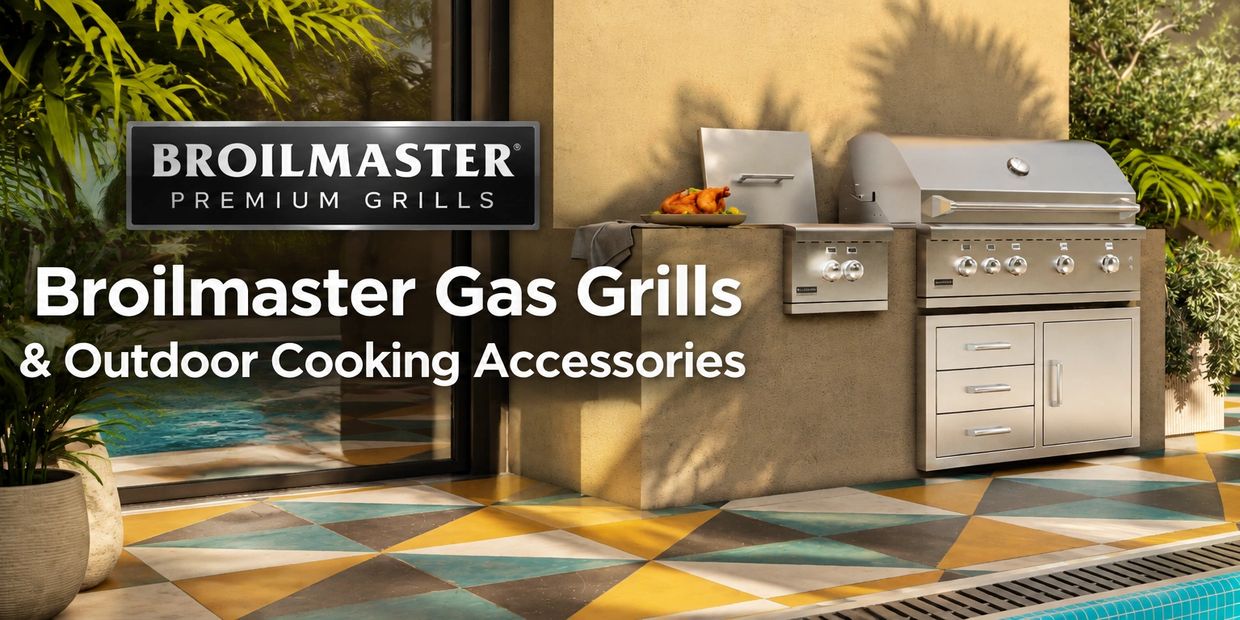 Broilmaster stainless steel built-in gas grill  in an outdoor kitchen beside a swimming pool