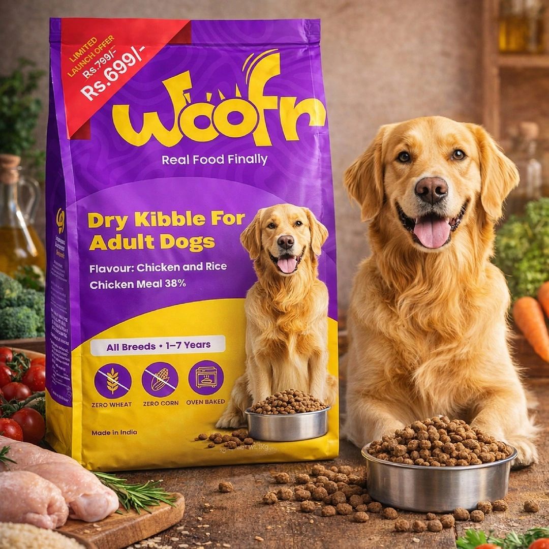 Dog food bag with a happy golden retriever and kibble.