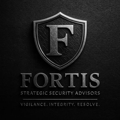 Elegant gold emblem of Fortis Strategic Security Advisors on black background.