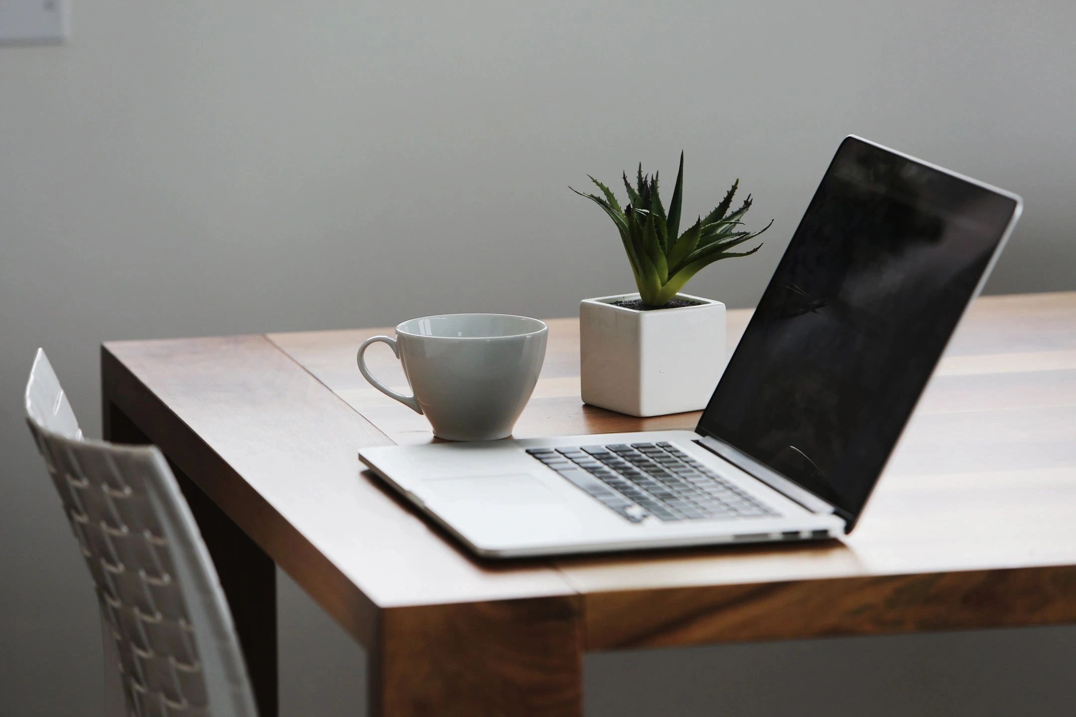 Minimalist workspace with laptop, cup, and small plant on wooden table.