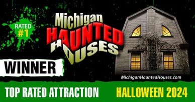 Advertisement for Michigan's top-rated haunted houses for Halloween 2024.