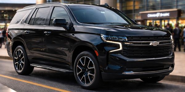 Black Chevrolet Tahoe SUV parked on a city street at dusk.