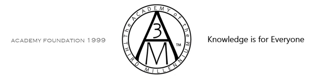 A3M (Academy of the Third Millennium) Logo, origins year (1999) + Slogan "Knowledge is For Everyone"