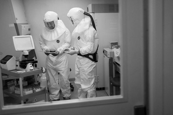 Image of scientists in hazmat suits in a virology laboratory, analyzing a virus data with great care