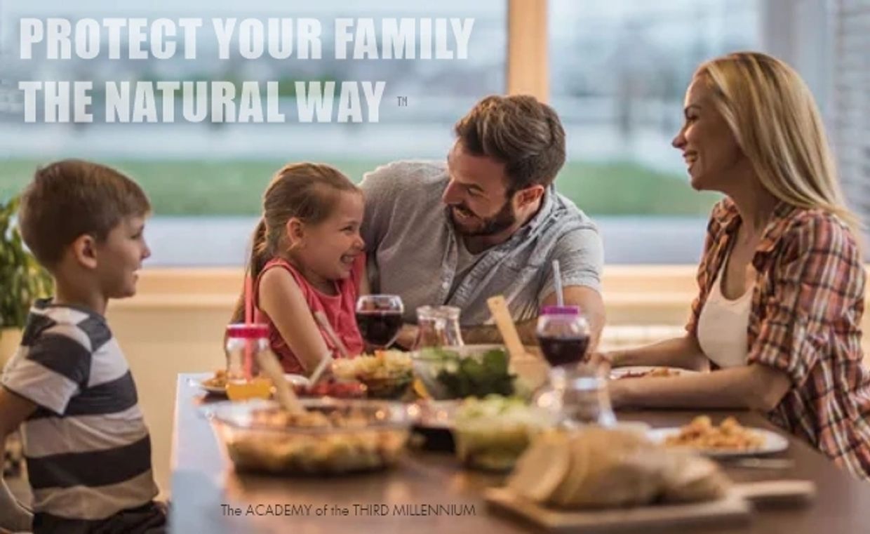 Family of 4 seated at table eating healthy foods with headline 'Protect Your Family the Natural Way'