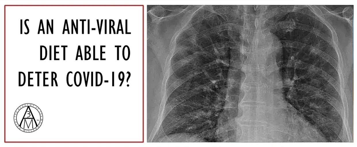 X-Ray of lungs infected by COVID-19 illness and text "Is an Anti-Viral Diet Able to Deter COVID-19?"