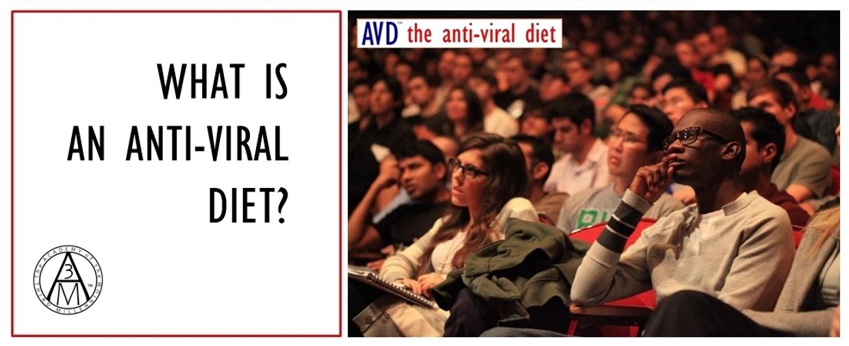 Image of 'The Science Behind AVD' conference audience and question: "What is an 'Anti-Viral Diet'?"