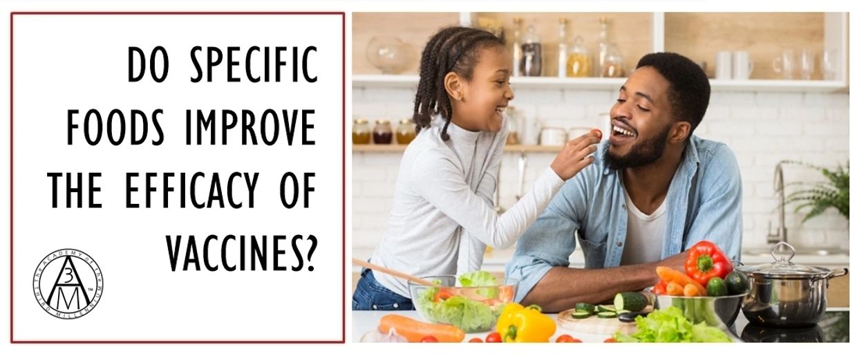 Child feeding a fruit to their father and text "Do Specific Foods Improve the Efficacy of Vaccines?"