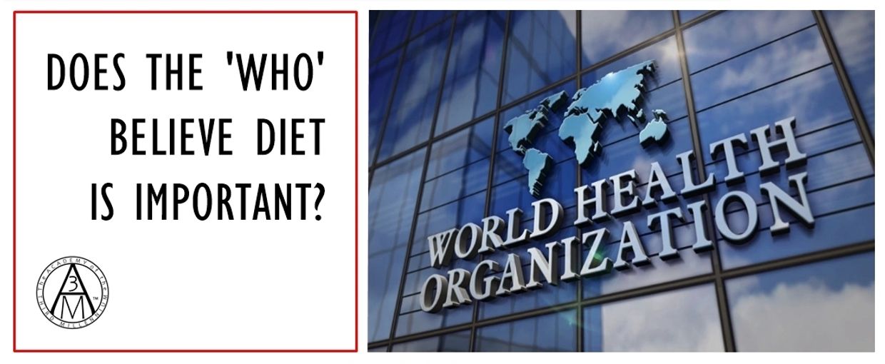 Image of sign on World Health Organization building & text 'Does the WHO believe diet is important?'