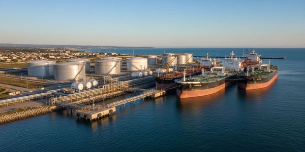 Large oil tankers docked at an industrial port with storage tanks.