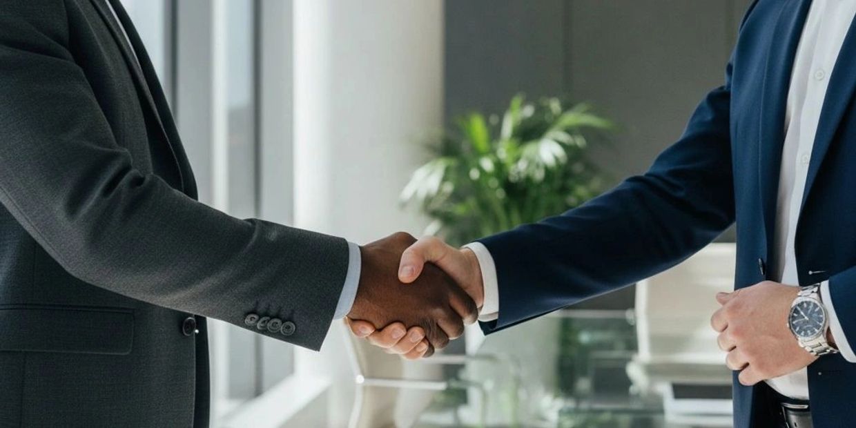 Two businessmen shaking hands in a modern office setting.