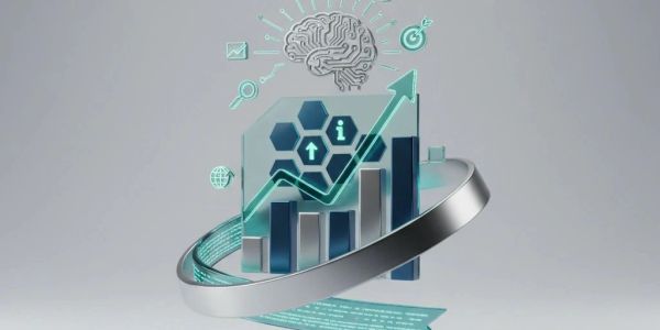3D digital graph with rising bars and artificial intelligence icons.
