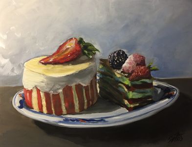 "Yummy Deserts" is a 11"x14" oil on wooden panel strawberry pastries