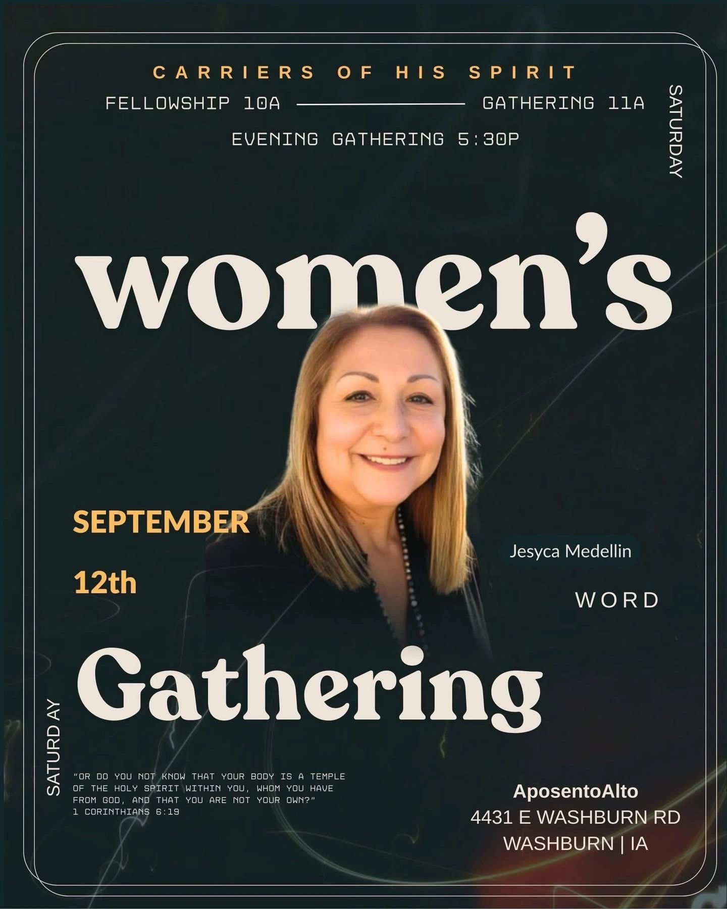 Women's gathering event announcement with Jesyca Medellin, September 12th.