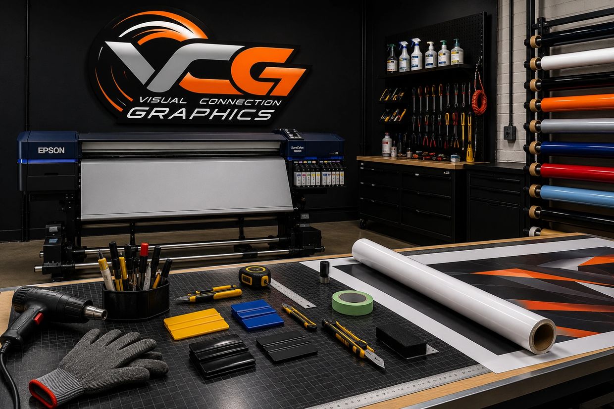 A graphic design studio with tools, a large printer, and colorful vinyl rolls.