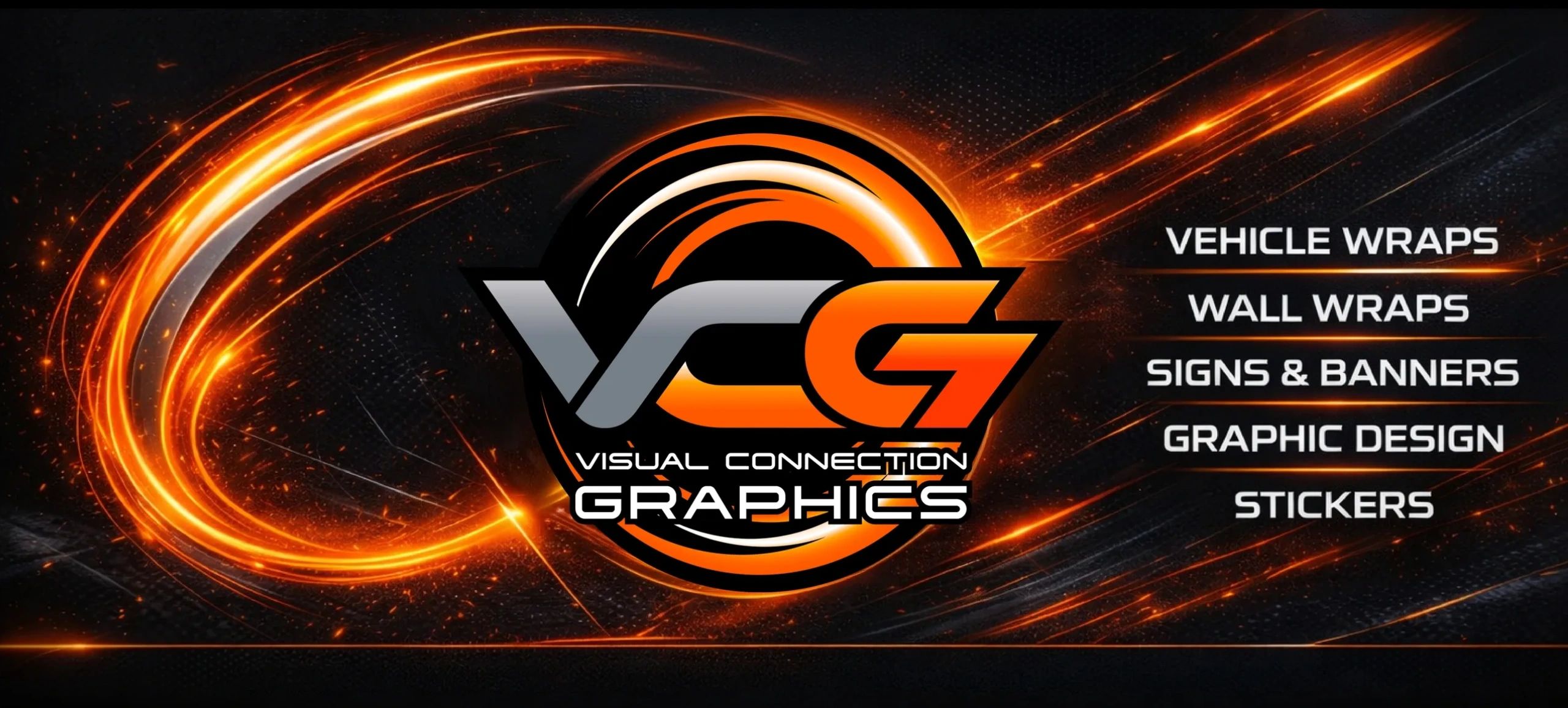 Visual Connection Graphics logo with services listed in fiery design.