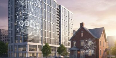 Modern glass building and traditional brick house with digital overlay at sunset.