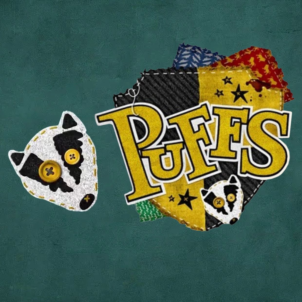 Logo for the band PUPFES with patchwork design and badger faces.