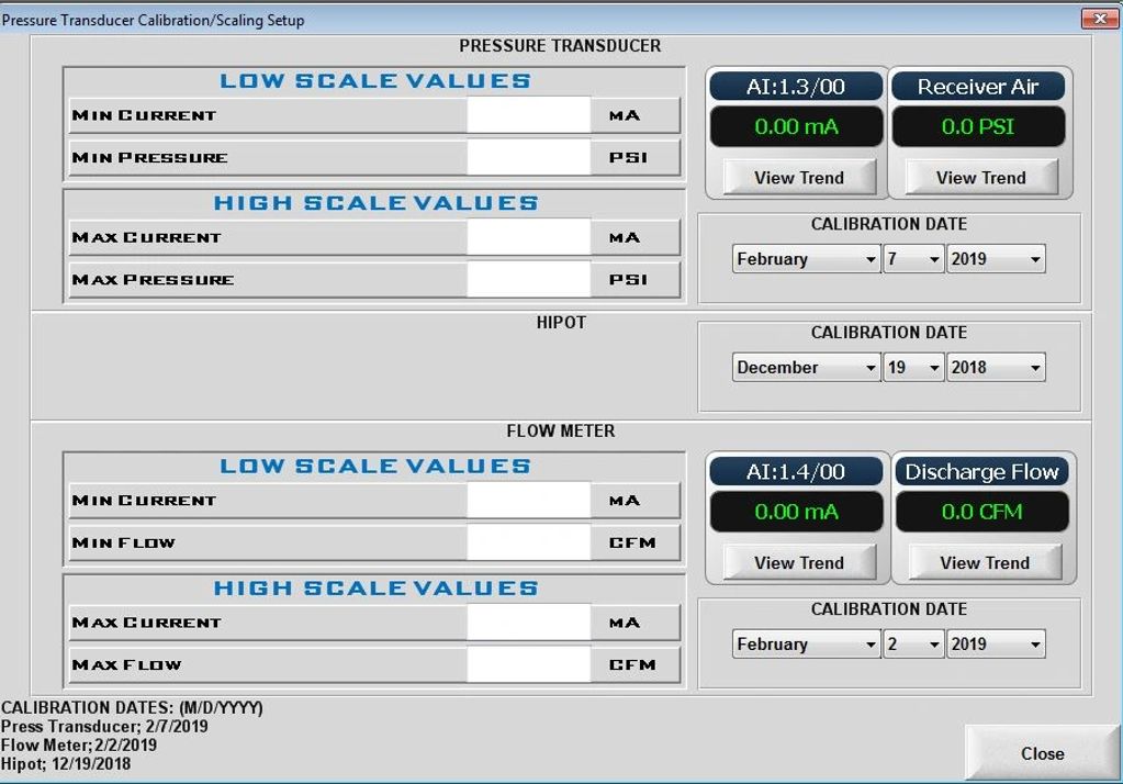 Bench Test Equipment HMI screen