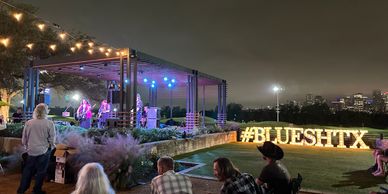Outdoor nighttime concert with a lit #BLUESHTX sign and audience seated on grass.