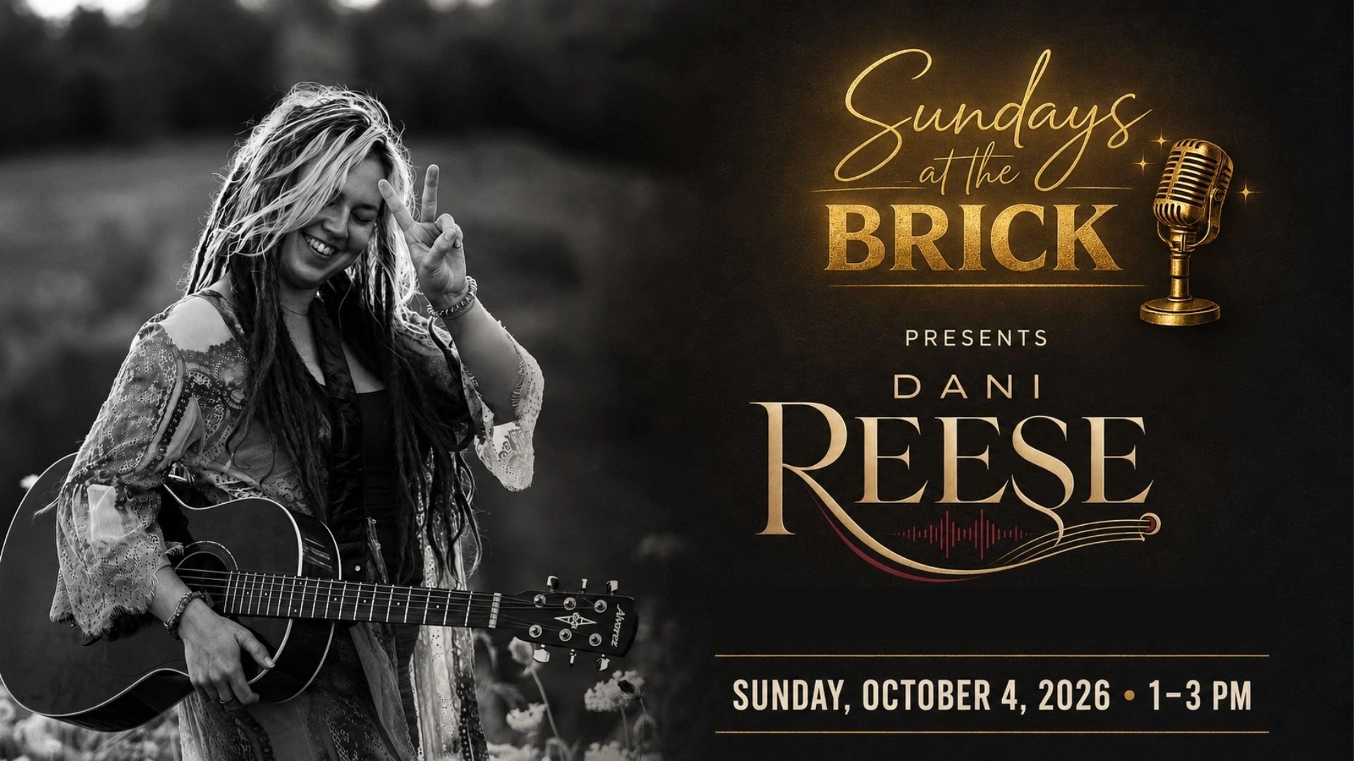 Dani Reese performing with guitar and peace sign gesture.