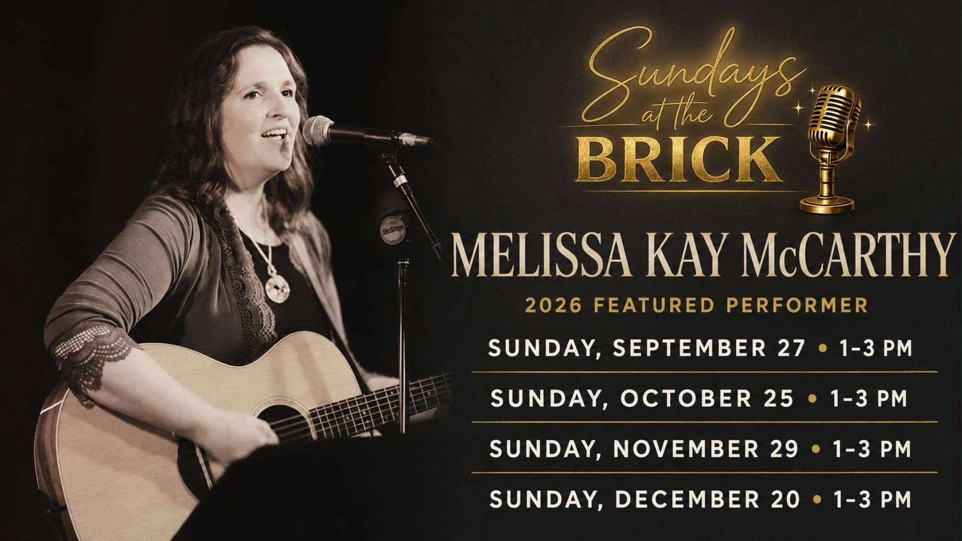 Melissa Kay McCarthy performing with guitar at Sundays at the Brick event.