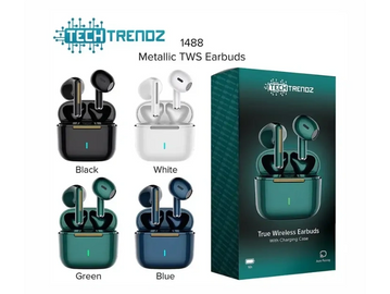 TechTrenz Metallic TWS Earbuds available in black, white, green, and blue.