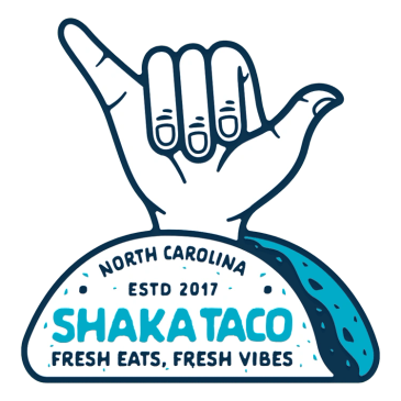 Logo with a shaka hand and a taco for Shakataco, North Carolina.
