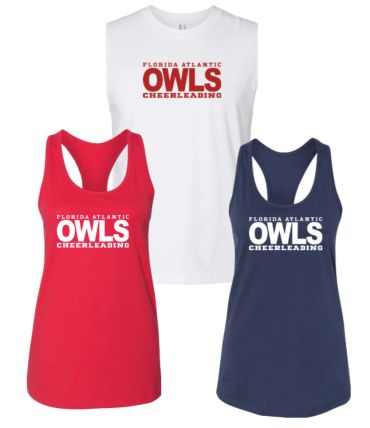 Three Florida Atlantic Owls cheerleading tank tops in different colors.