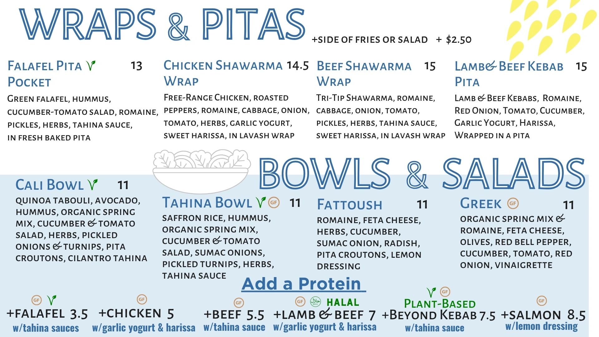 Menu featuring wraps, pitas, bowls, and salads with various protein options.