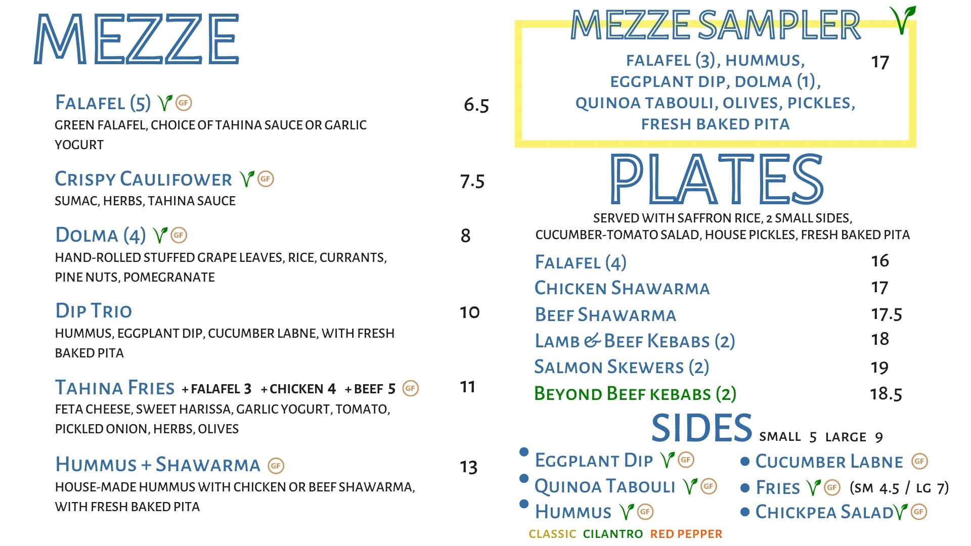 Menu featuring Mezze dishes, Mezze Sampler, Plates, and Sides with prices.