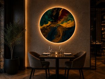 Cozy dining nook with ambient lighting and abstract circular wall art.