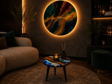 Cozy living room with glowing circular wall art and stylish blue resin coffee table.
