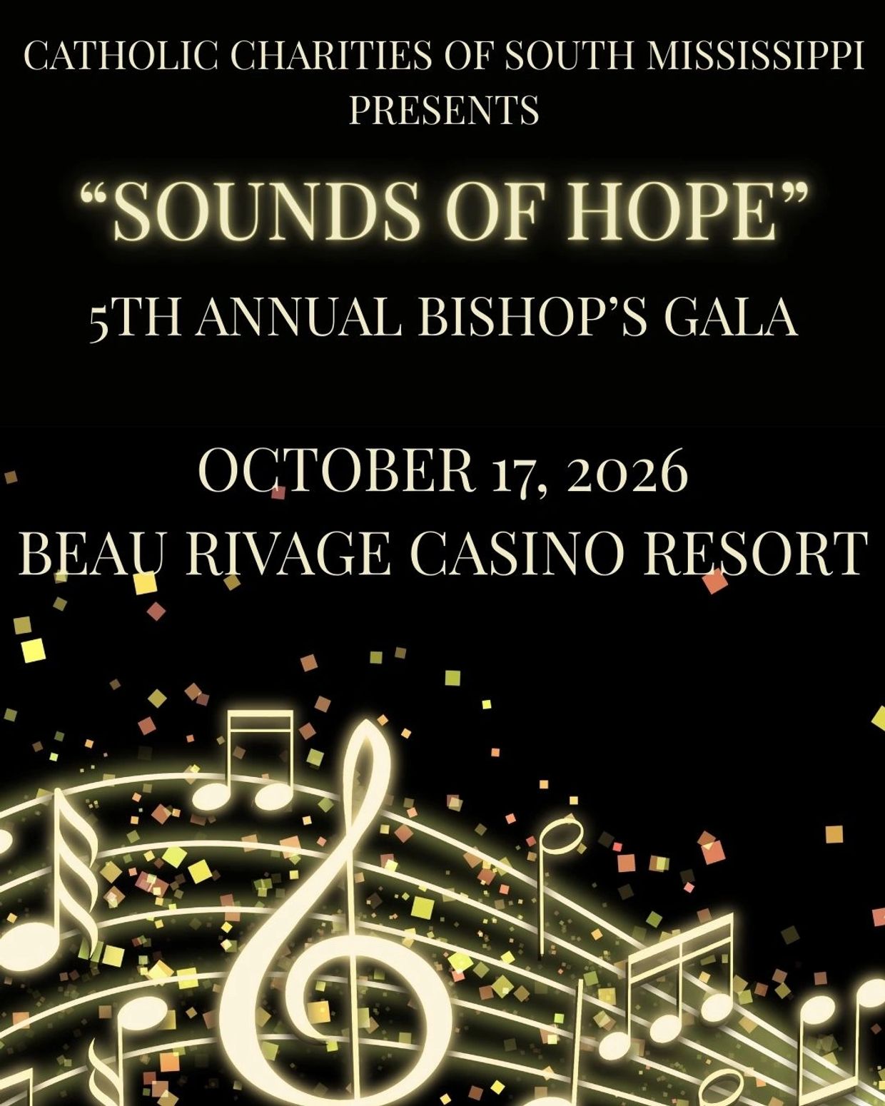 Advertisement for Catholic Charities' 5th Annual Bishop's Gala on October 17, 2026.