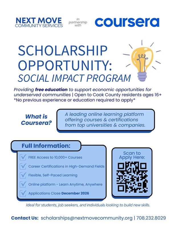 Scholarship opportunity for free education via Coursera, open to Cook County residents 16+.