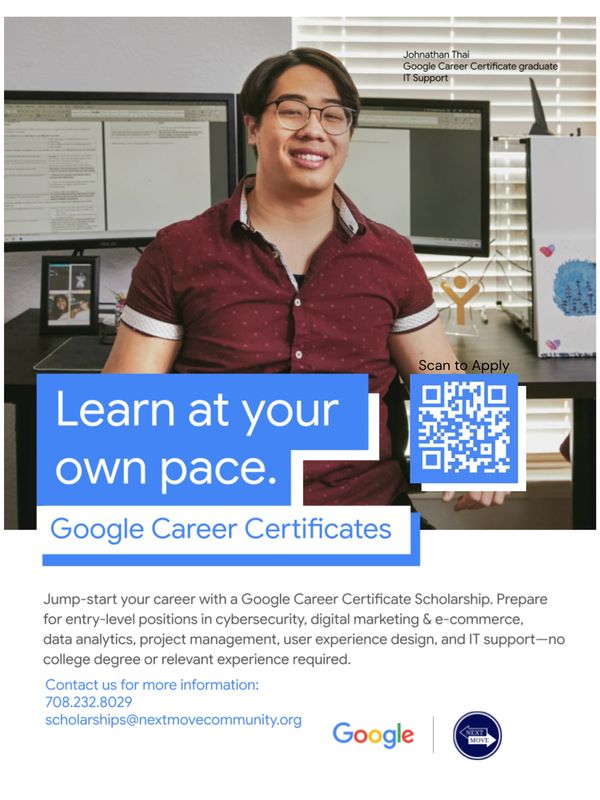 Google Career Certificates scholarship promotes learning at your own pace for IT and digital skills.
