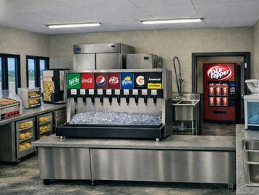 A modern soda fountain machine with various soft drink options and a Dr Pepper vending machine in the background.