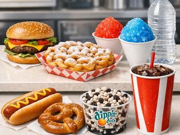A spread of classic fair foods including a burger, funnel cake, hot dog, pretzel, Dippin' Dots, snow cones, soda, and water.