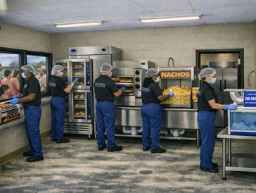 Workers in hairnets and gloves preparing food in an industrial kitchen.