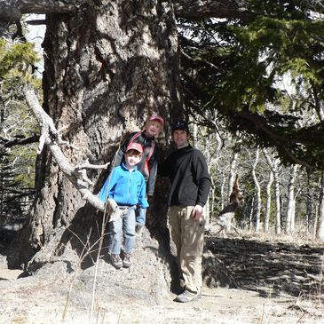 My dad, sibling, and I around the base of the biggest tree I had ever seen as a kid!